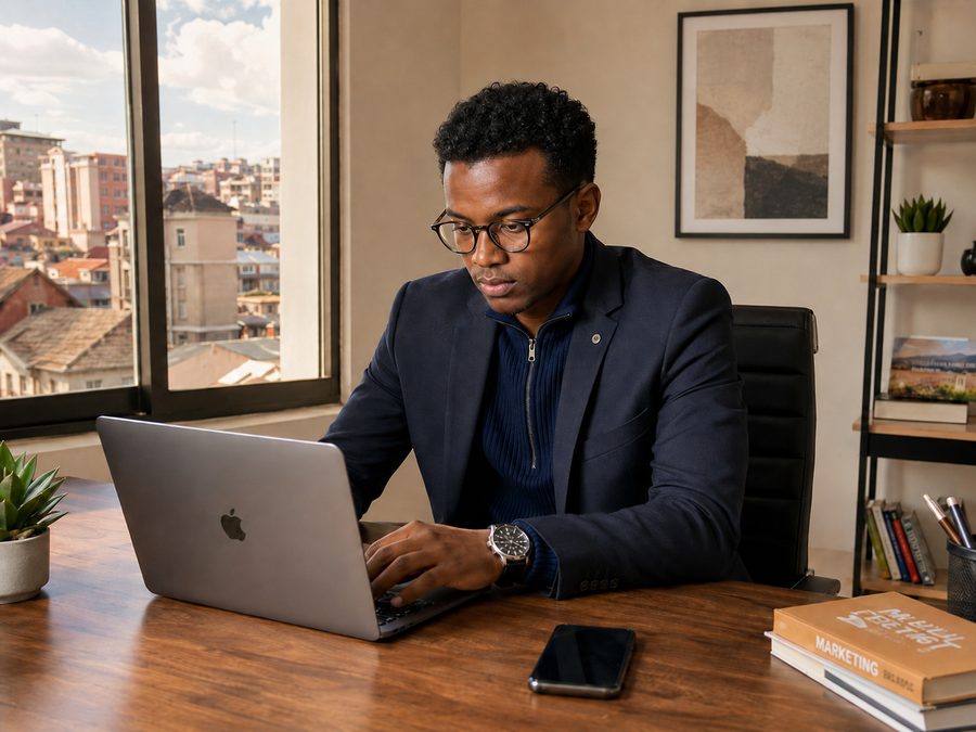 Entrepreneur africain en costume, concentré sur son ordinateur portable, dans un bureau moderne avec vue urbaine et lumière naturelle